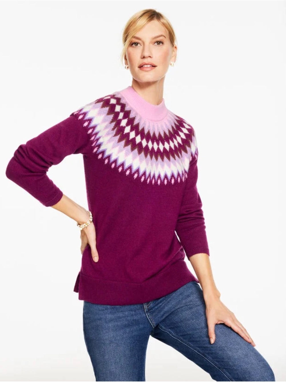 TALBOTS Mockneck Pullover Sweater Chevron Fair Isle Fisherman Size L